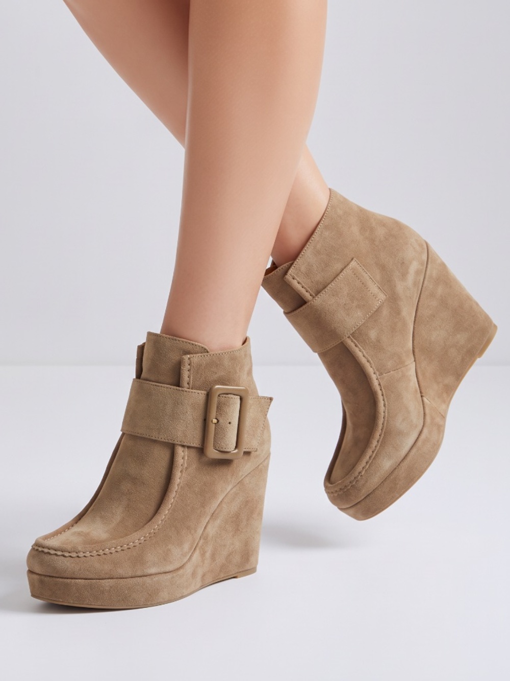 NINE WEST • Tan Suede Platform Wedge Ankle Boots Buckle Size 9M